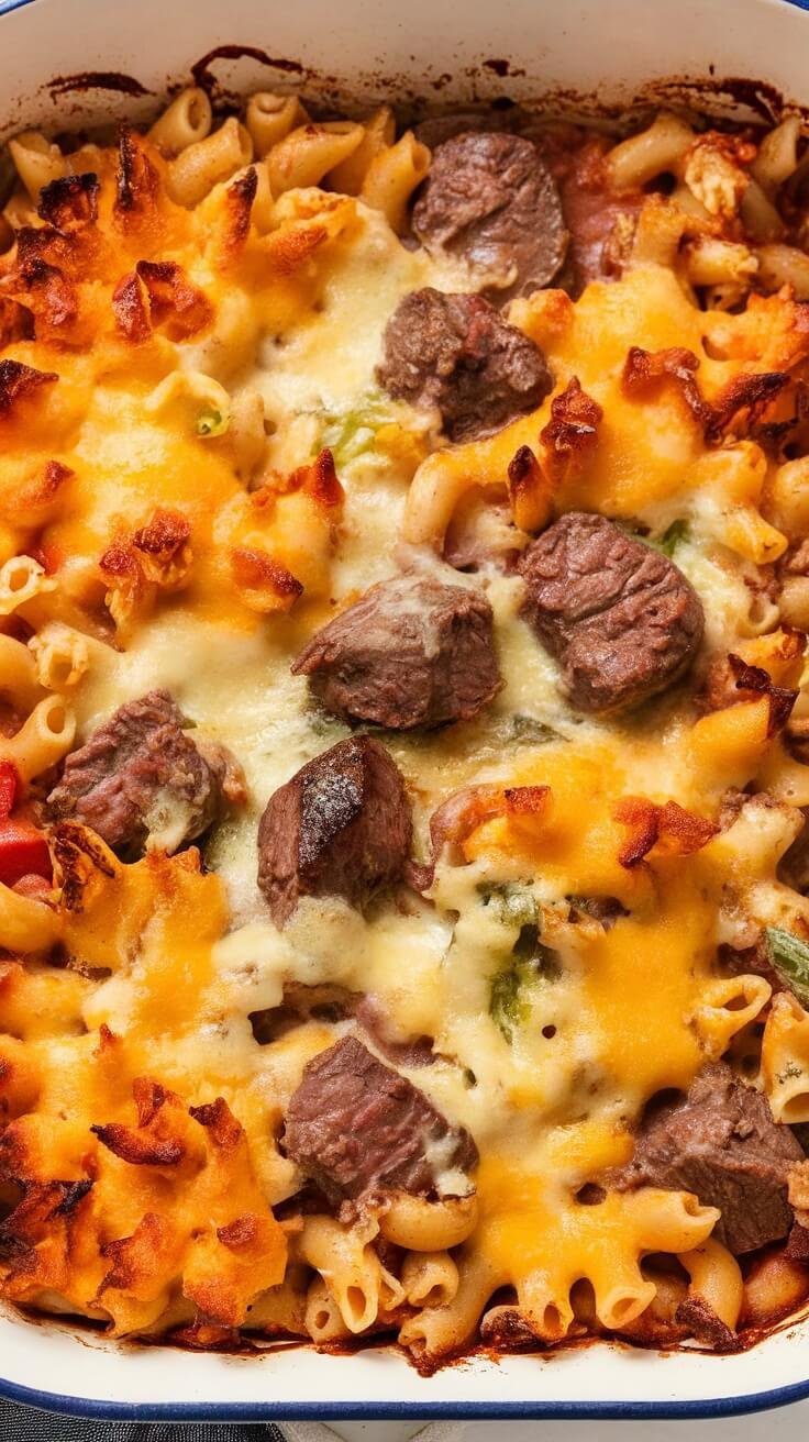 A delicious cheesy beef pasta bake topped with melted cheese and chunks of beef.