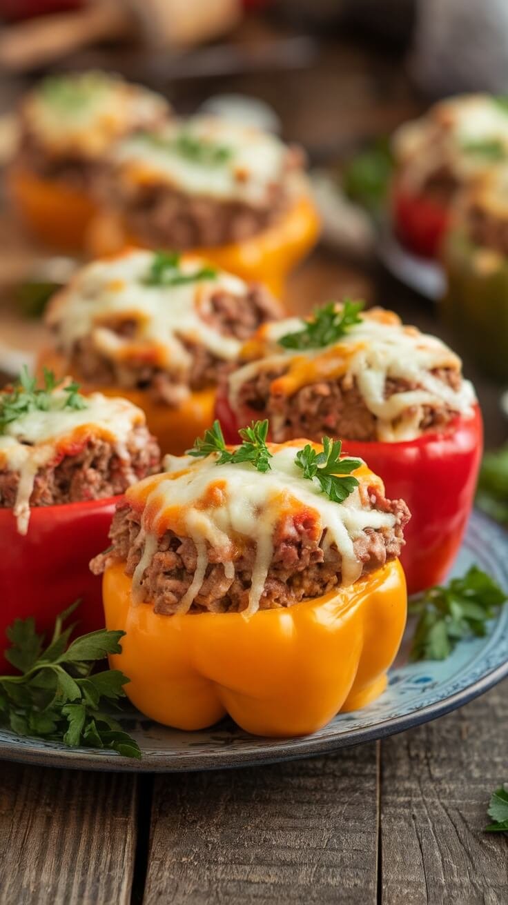 Delicious cheesy beef stuffed peppers on a plate