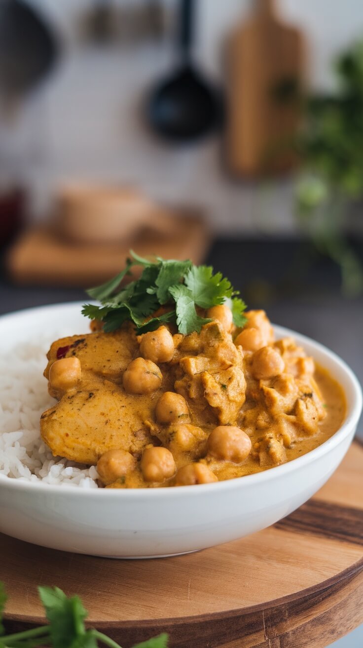 A bowl of chicken and chickpea curry served with rice, topped with fresh cilantro.