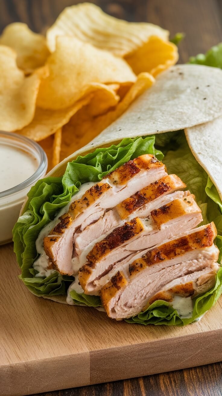 A close-up of Chicken Caesar Wraps with sliced grilled chicken, lettuce, and a side of potato chips.