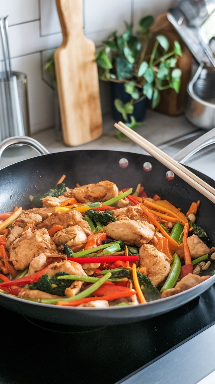 A vibrant chicken stir-fry with colorful vegetables in a frying pan.