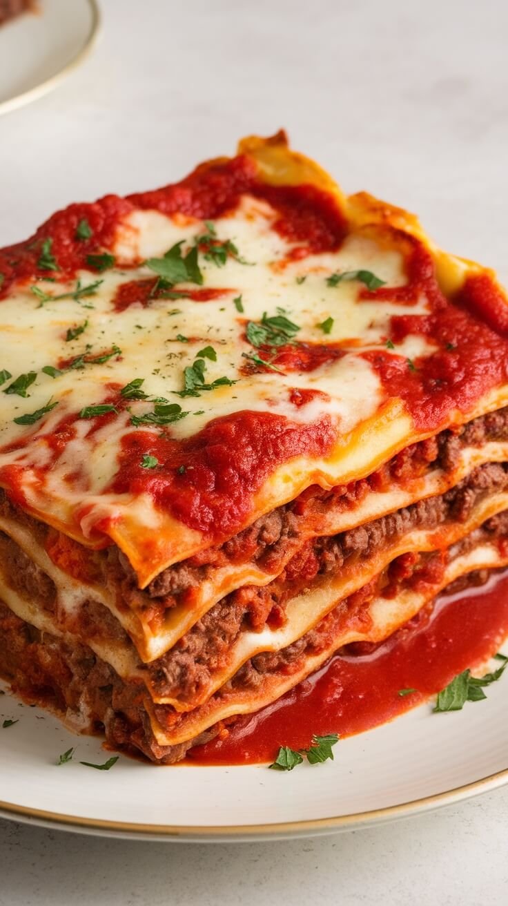 A delicious serving of cheesy beef lasagna on a plate with herbs