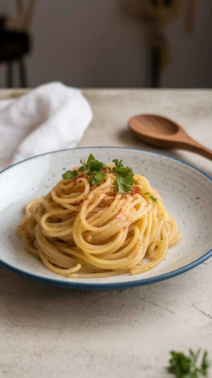 A plate of spaghetti aglio e olio garnished with herbs