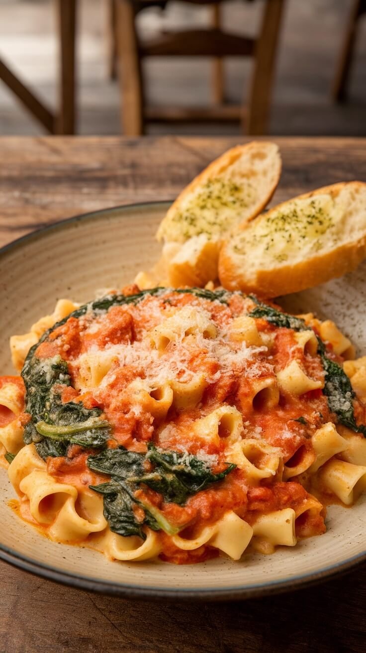 A bowl of creamy tomato and spinach pasta with garlic bread on the side.