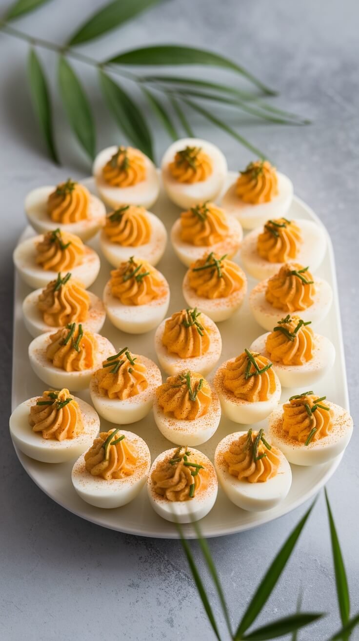 A platter of beautifully decorated deviled eggs topped with orange filling and green garnish.