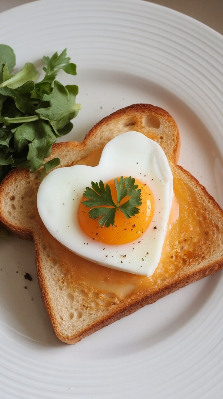 Toast shaped like a heart with an egg in the middle.