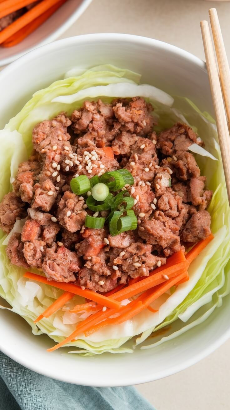 A bowl of Egg Roll in a Bowl with ground meat, carrots, and sesame seeds on top of lettuce.