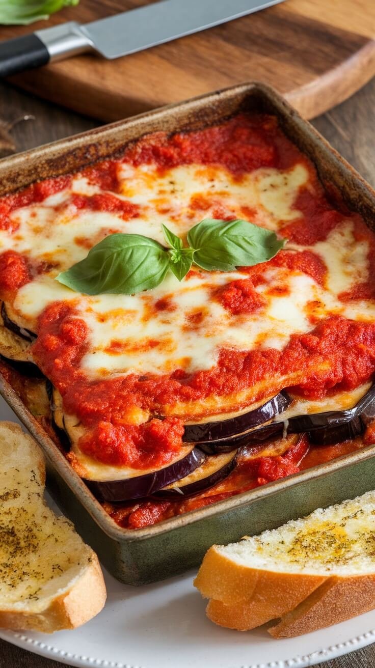 A dish of eggplant lasagna topped with basil, alongside slices of garlic bread.