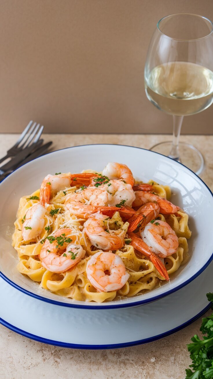 A bowl of garlic butter shrimp pasta topped with fresh parsley and cheese.