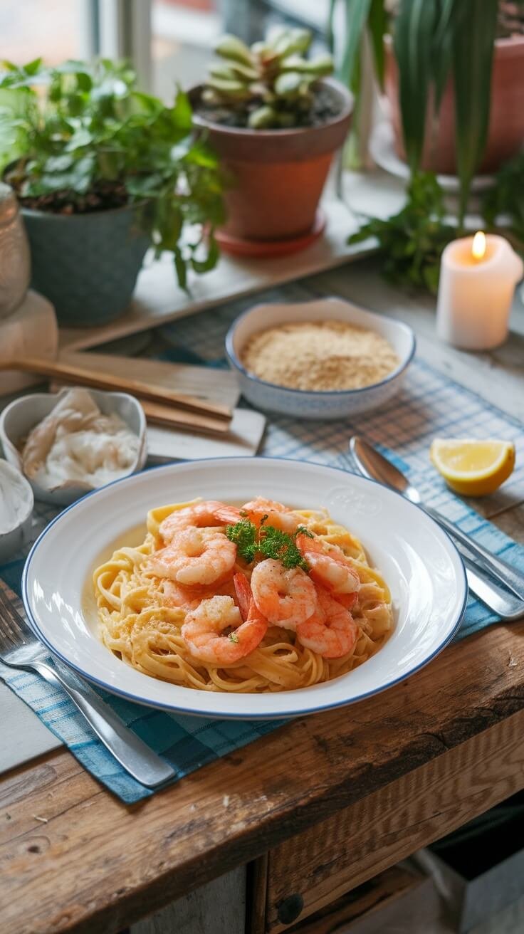 A plate of Garlic Butter Shrimp Scampi served with pasta