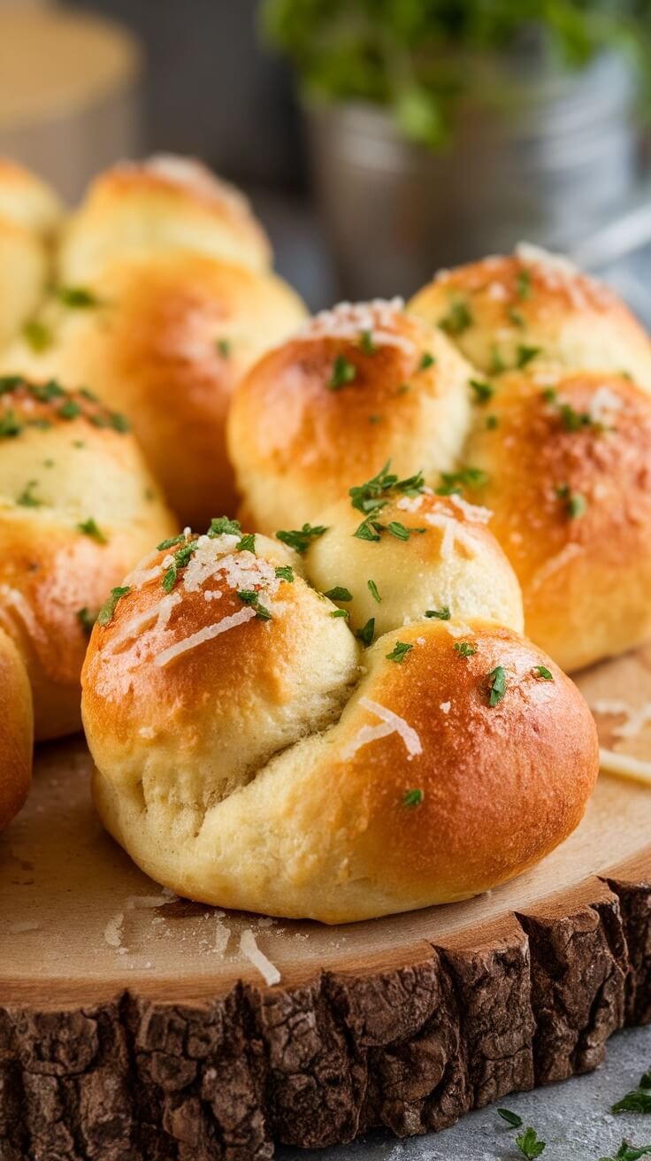 Delicious garlic parmesan knots on a wooden board