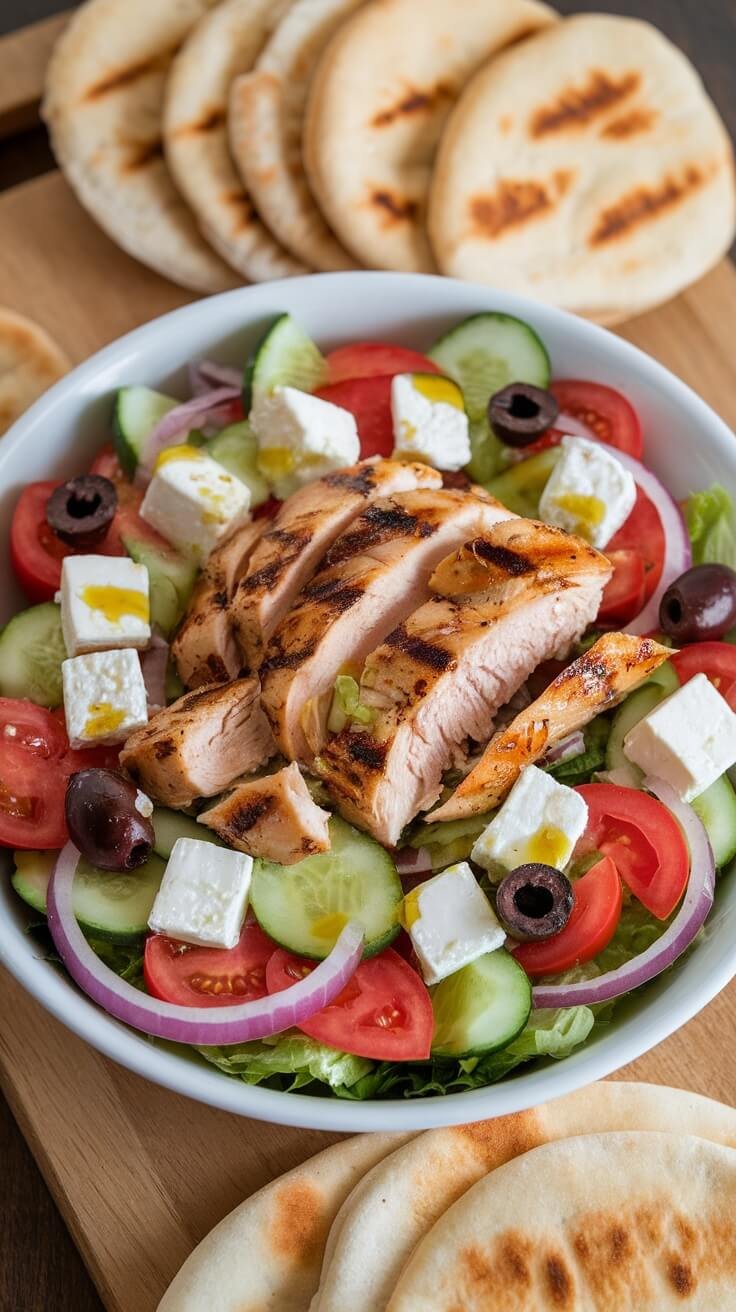 A bowl of Greek chicken salad with grilled chicken, vegetables, and feta cheese