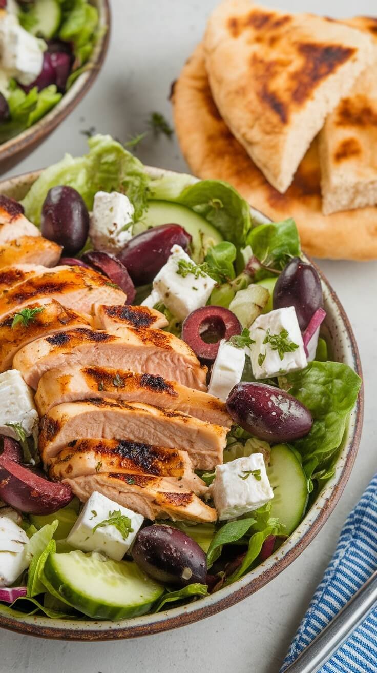 A bowl of Greek salad with grilled chicken, olives, feta cheese, and pita bread on the side.