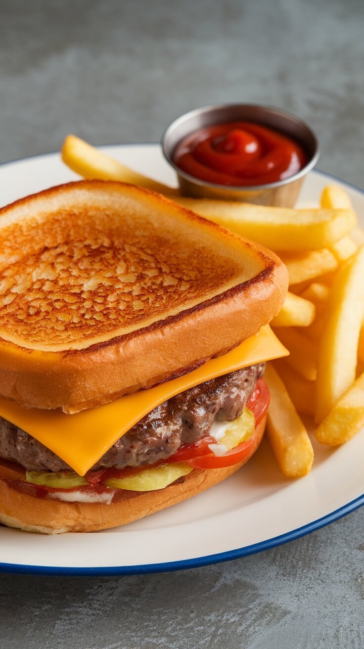 A delicious grilled cheese burger with a side of fries and ketchup.