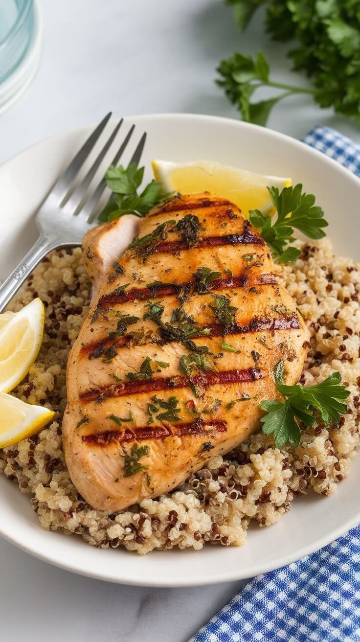 Grilled lemon herb chicken served on a plate with quinoa and lemon wedges