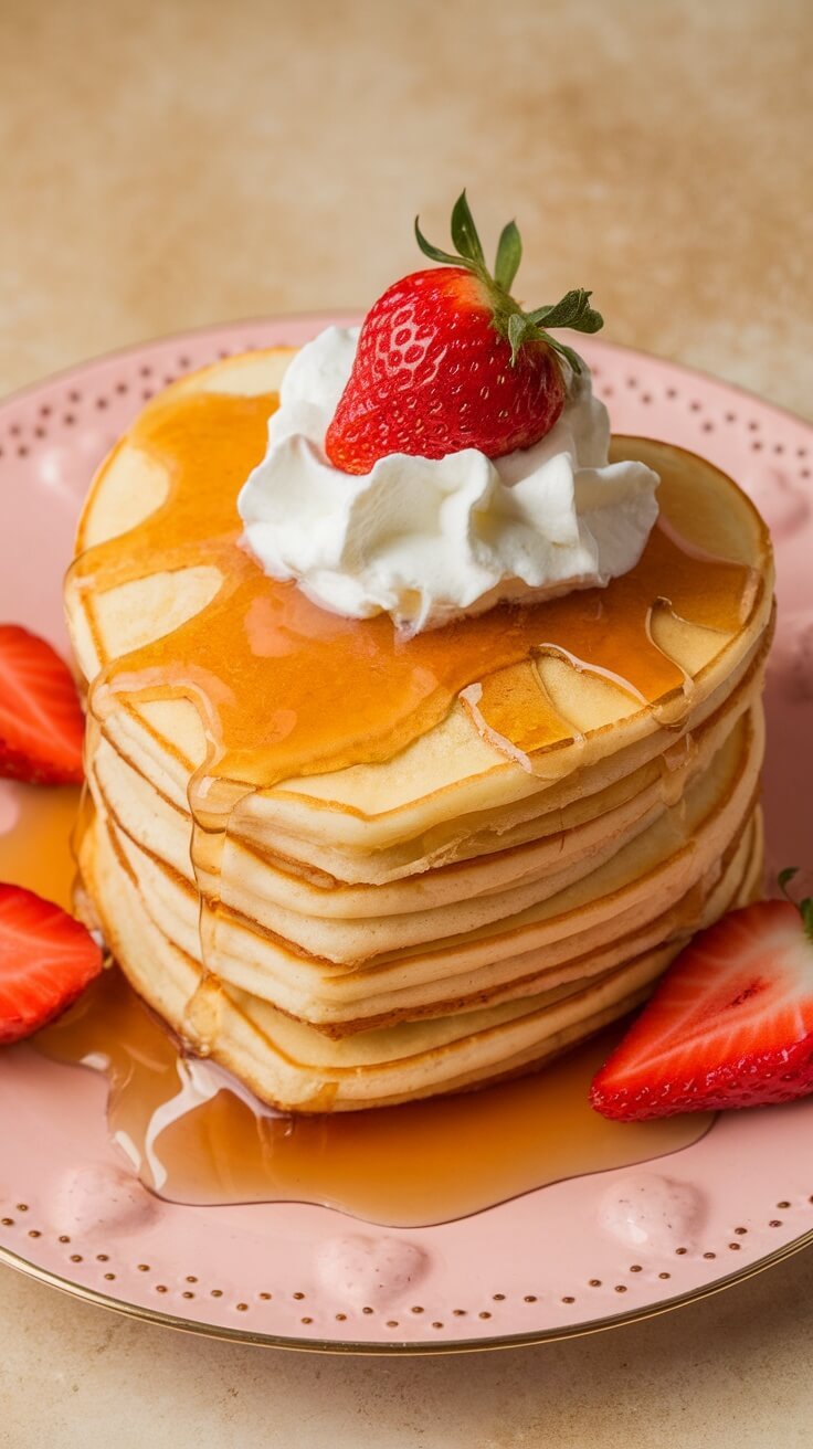 Heart-shaped pancakes with strawberries and syrup