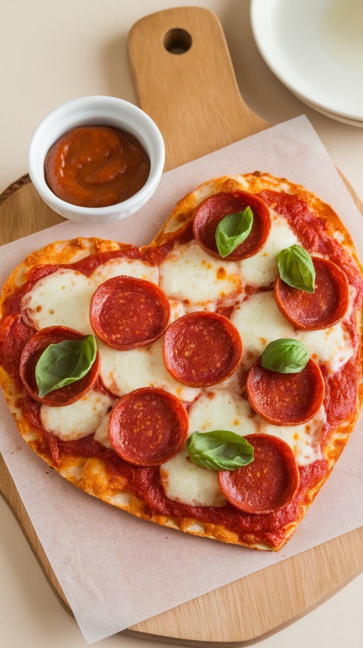 A heart-shaped pizza topped with pepperoni and basil leaves, served with a side of marinara sauce.