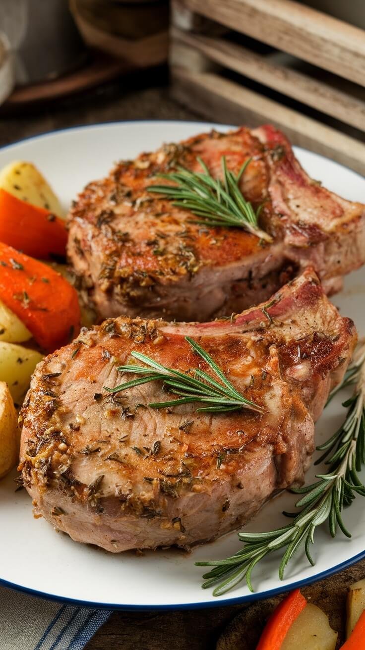 Two herb-crusted pork chops with rosemary and vegetables on a plate.