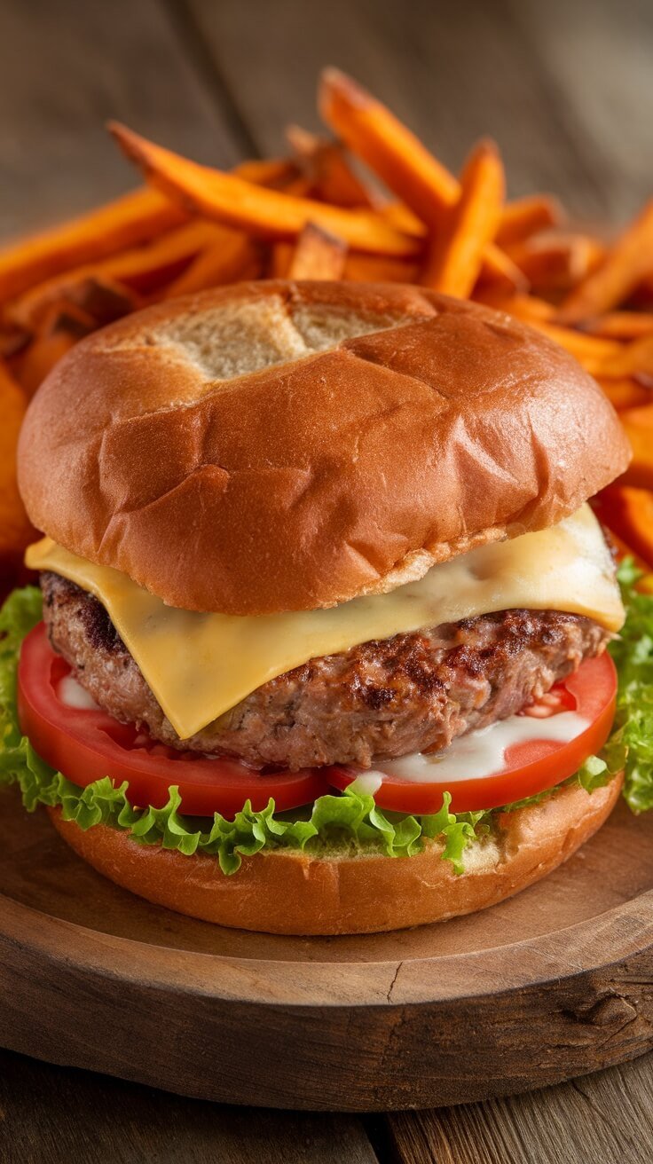 Close-up of a juicy turkey burger with cheese, lettuce, tomato, and fries on a wooden platter.