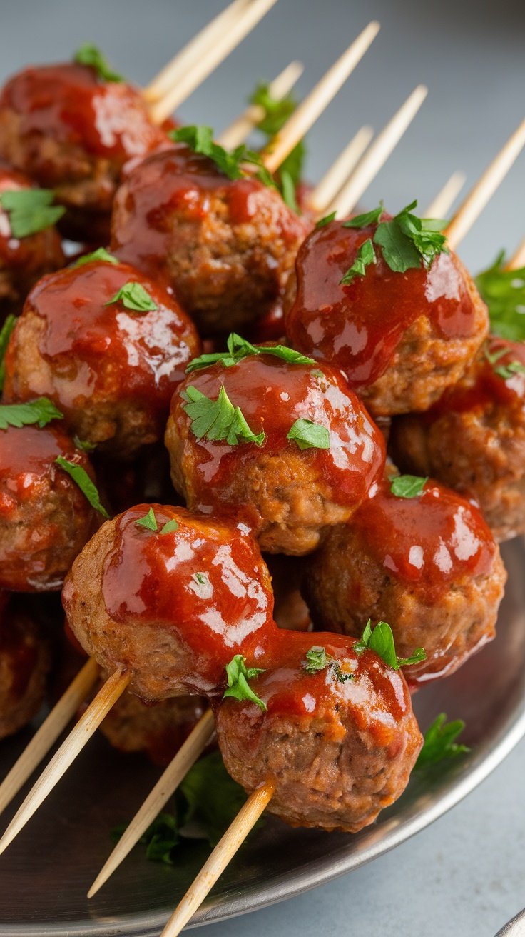 A plate of mini meatballs topped with sauce and garnished with parsley, served on skewers.