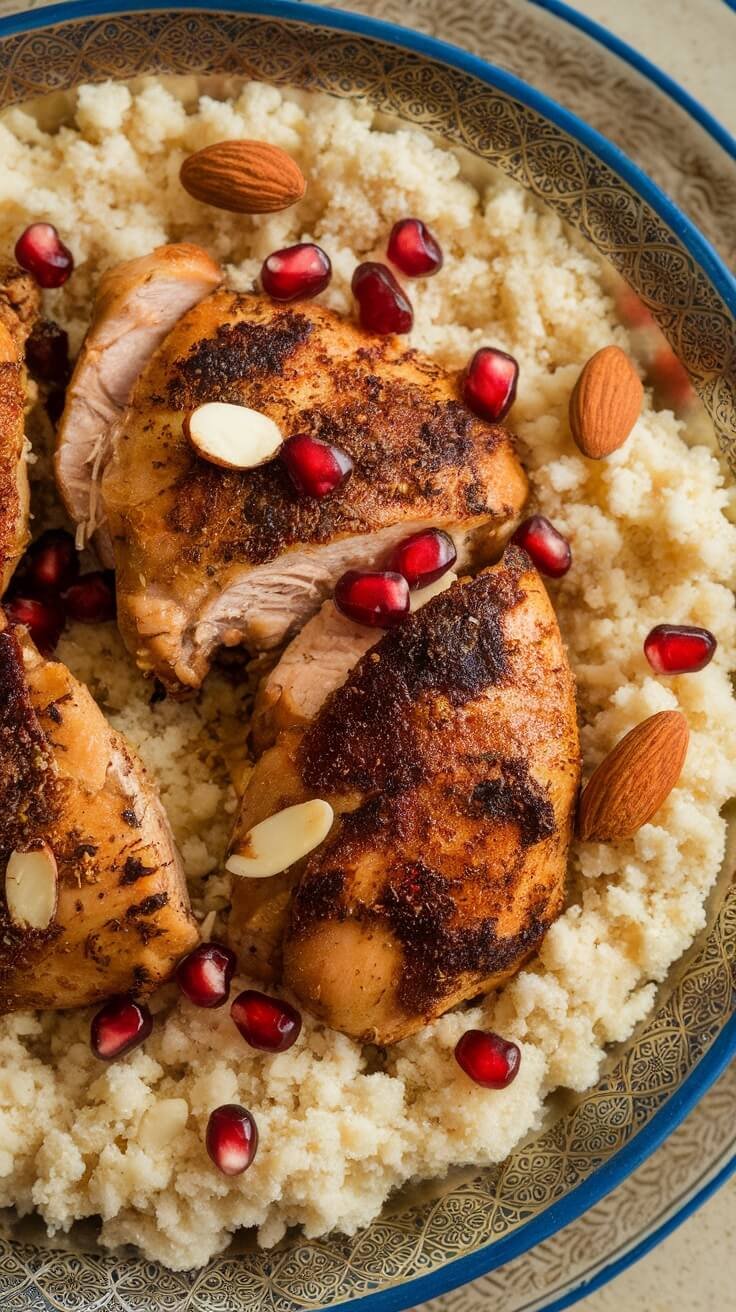 This Moroccan spiced chicken and couscous dish is a perfect weeknight meal. It's packed with flavor and comes together in just one pot, making cleanup a breeze. Enjoy the tender chicken paired with fluffy couscous, topped with fresh pomegranate seeds and almonds for that extra crunch!