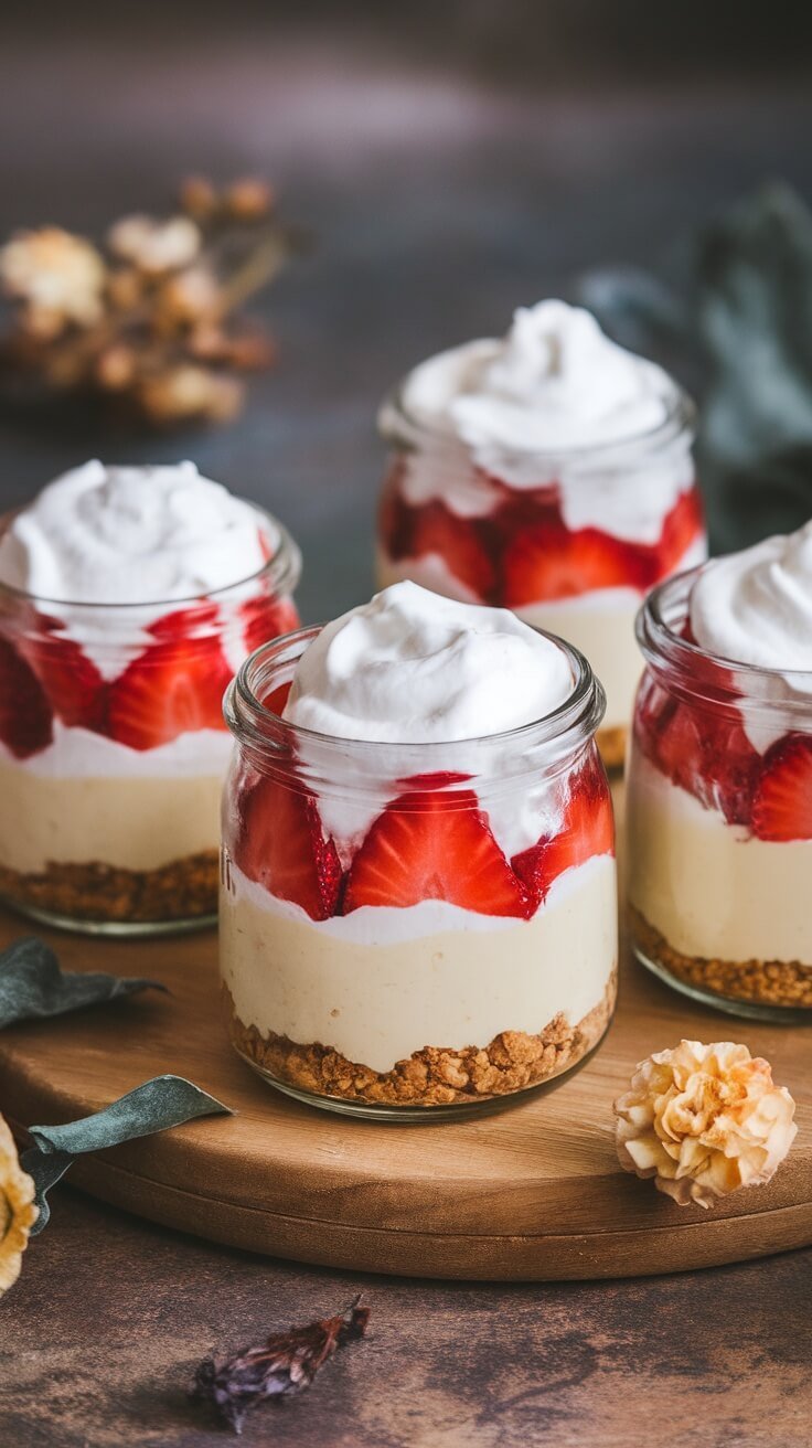 Delicious no-bake cheesecake jars with strawberries and whipped cream