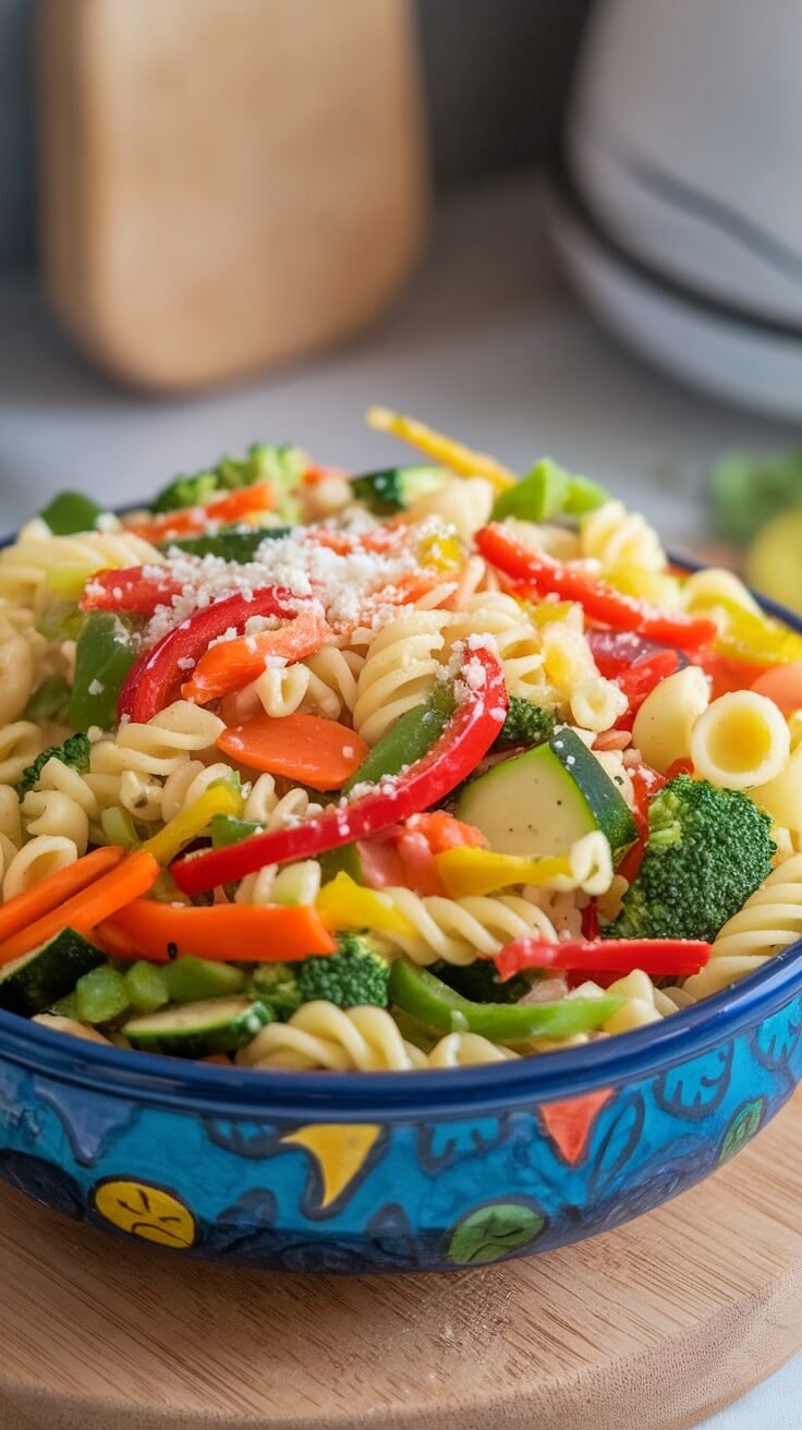 A bowl of Pasta Primavera with colorful vegetables and rotini pasta