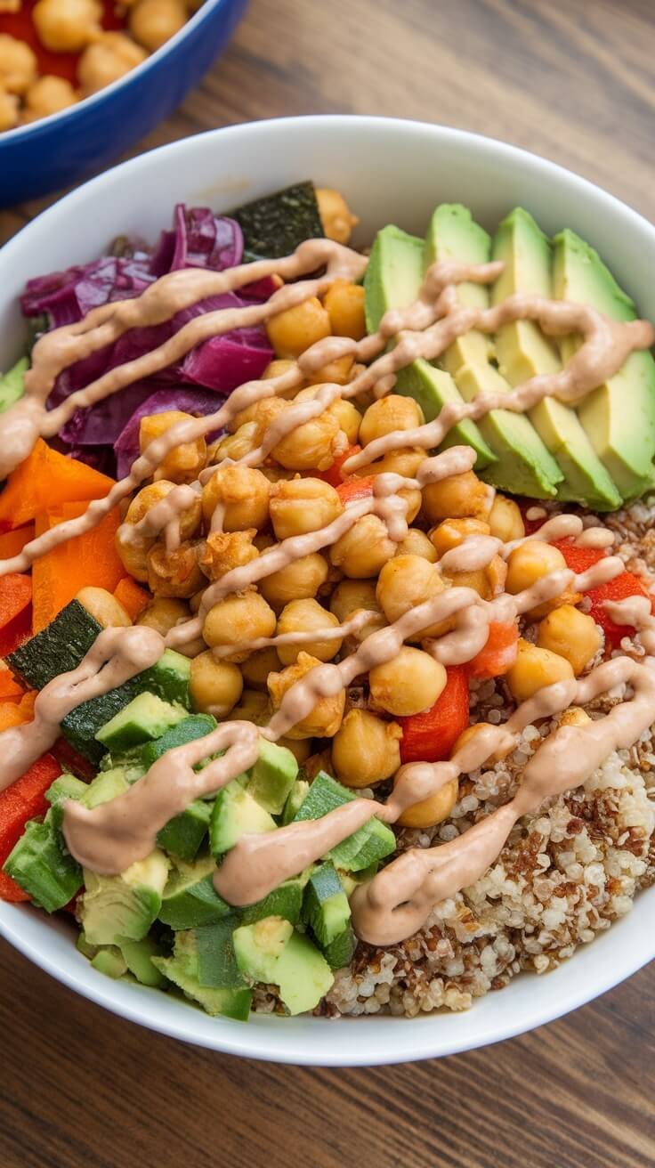 A colorful Buddha bowl filled with quinoa, chickpeas, avocado, and mixed vegetables, drizzled with sauce.