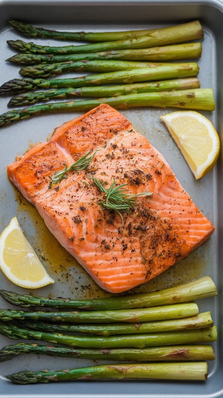 A plate of salmon fillet with garlic butter and asparagus, garnished with lemon slices.