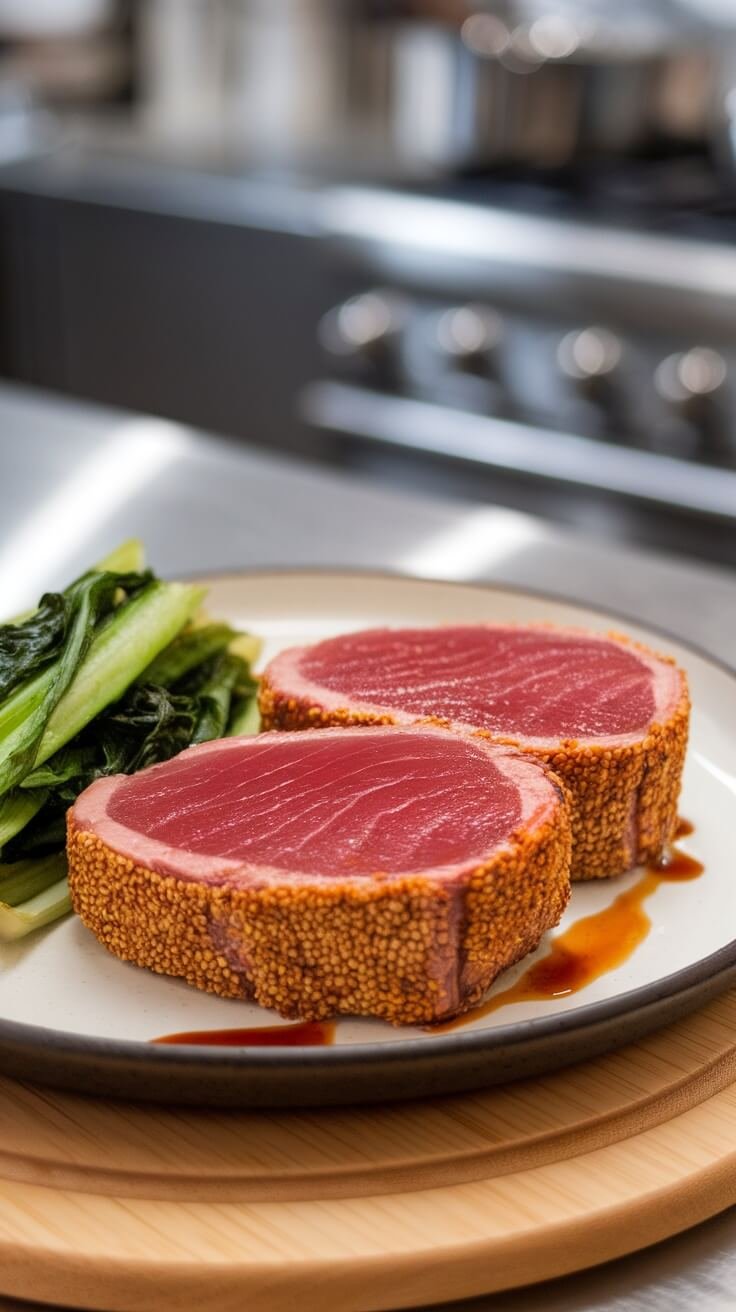 Seared Ahi tuna steaks with a sesame crust served with greens.