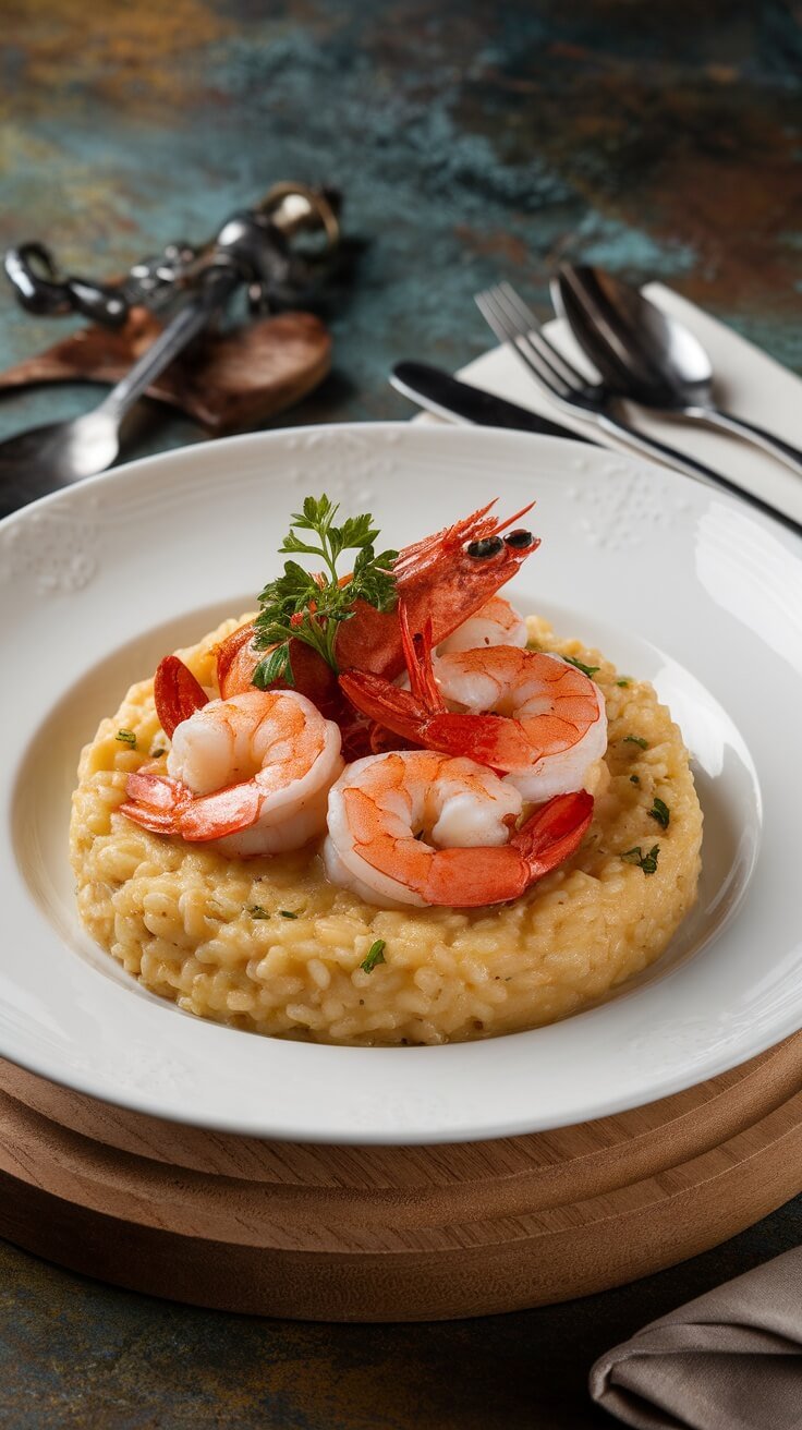 Plate of shrimp and lobster risotto garnished with parsley