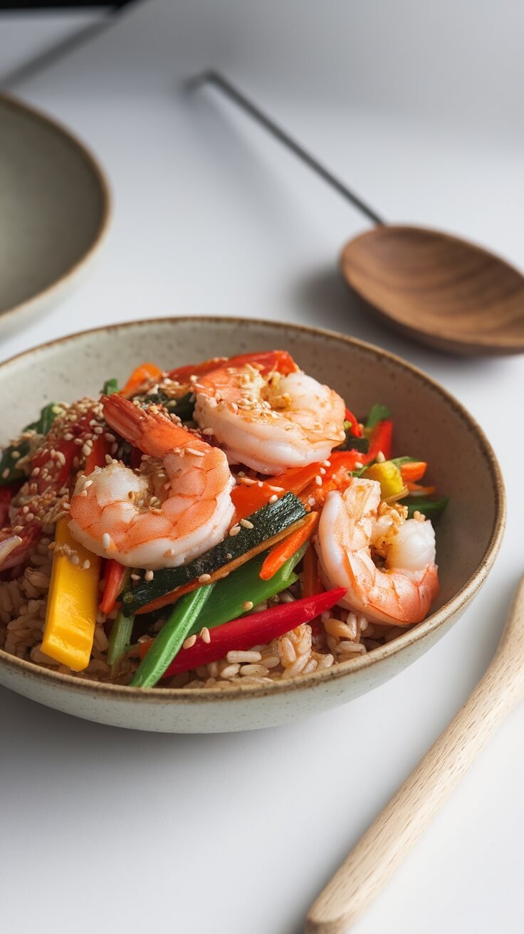 A bowl of shrimp stir-fry with colorful vegetables and brown rice.