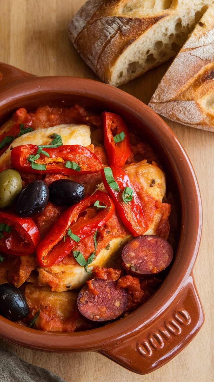 This one-pot Spanish-style chicken and chorizo dish is perfect for busy weeknights. With juicy chicken, spicy chorizo, and vibrant red peppers all simmered in a rich tomato sauce, dinner is both easy and delicious. Serve it with crusty bread to soak up the tasty sauce!