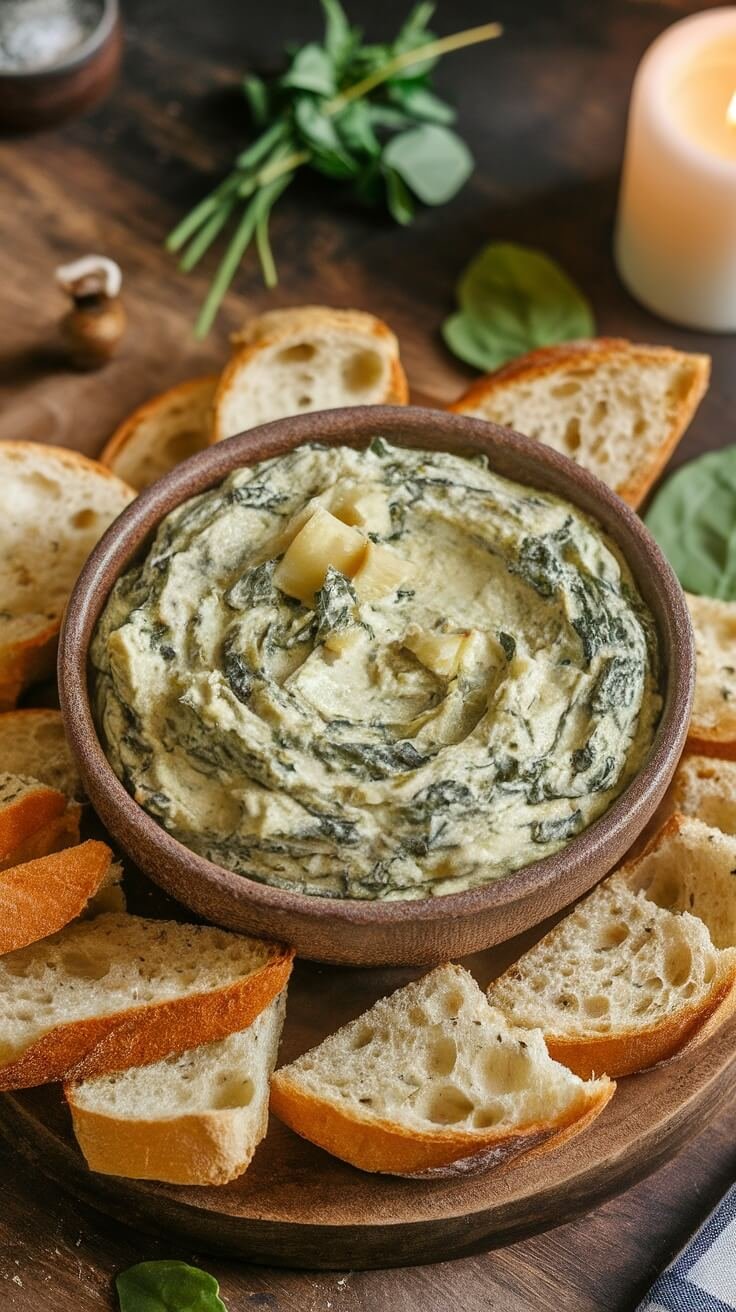 A bowl of spinach artichoke dip surrounded by slices of bread