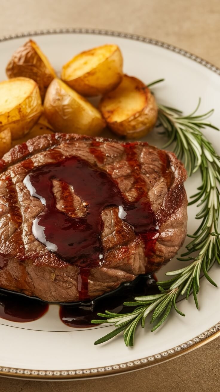 A beautifully plated steak topped with red wine sauce, garnished with rosemary and served with roasted potatoes.