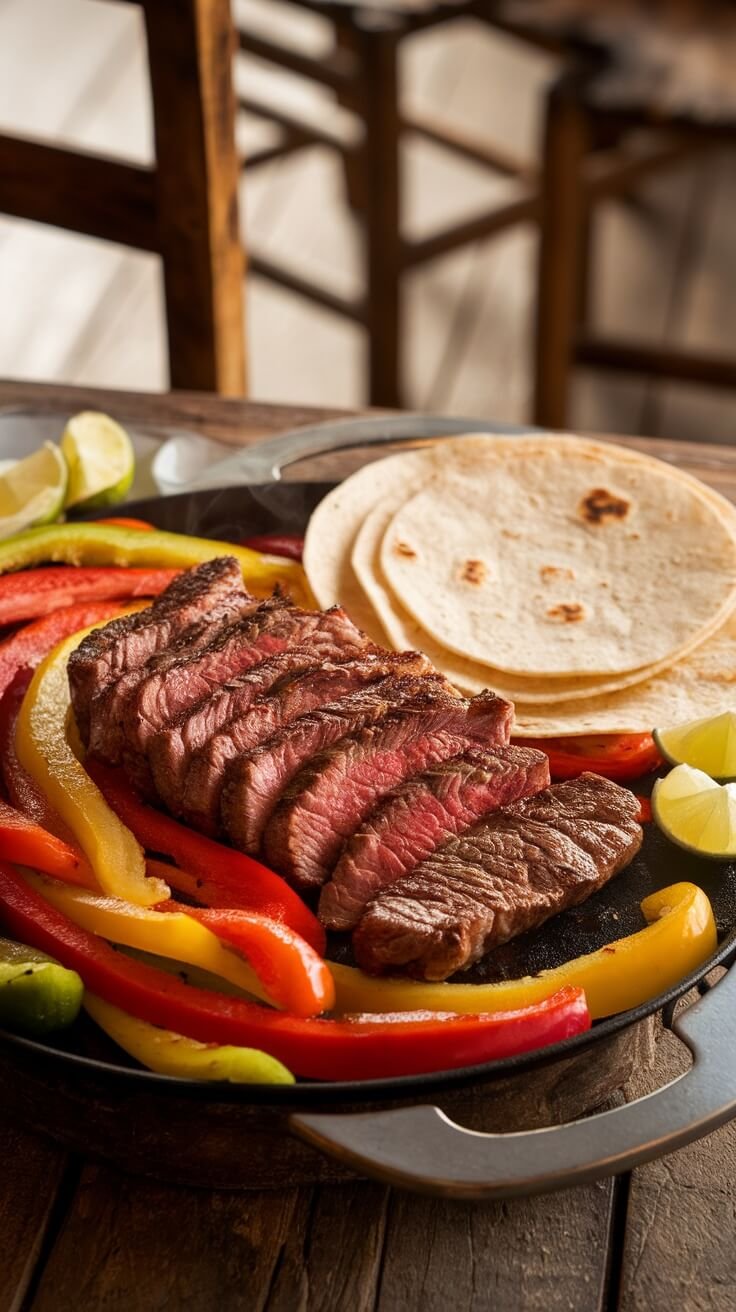 A platter of sliced steak fajitas with colorful peppers and tortillas.