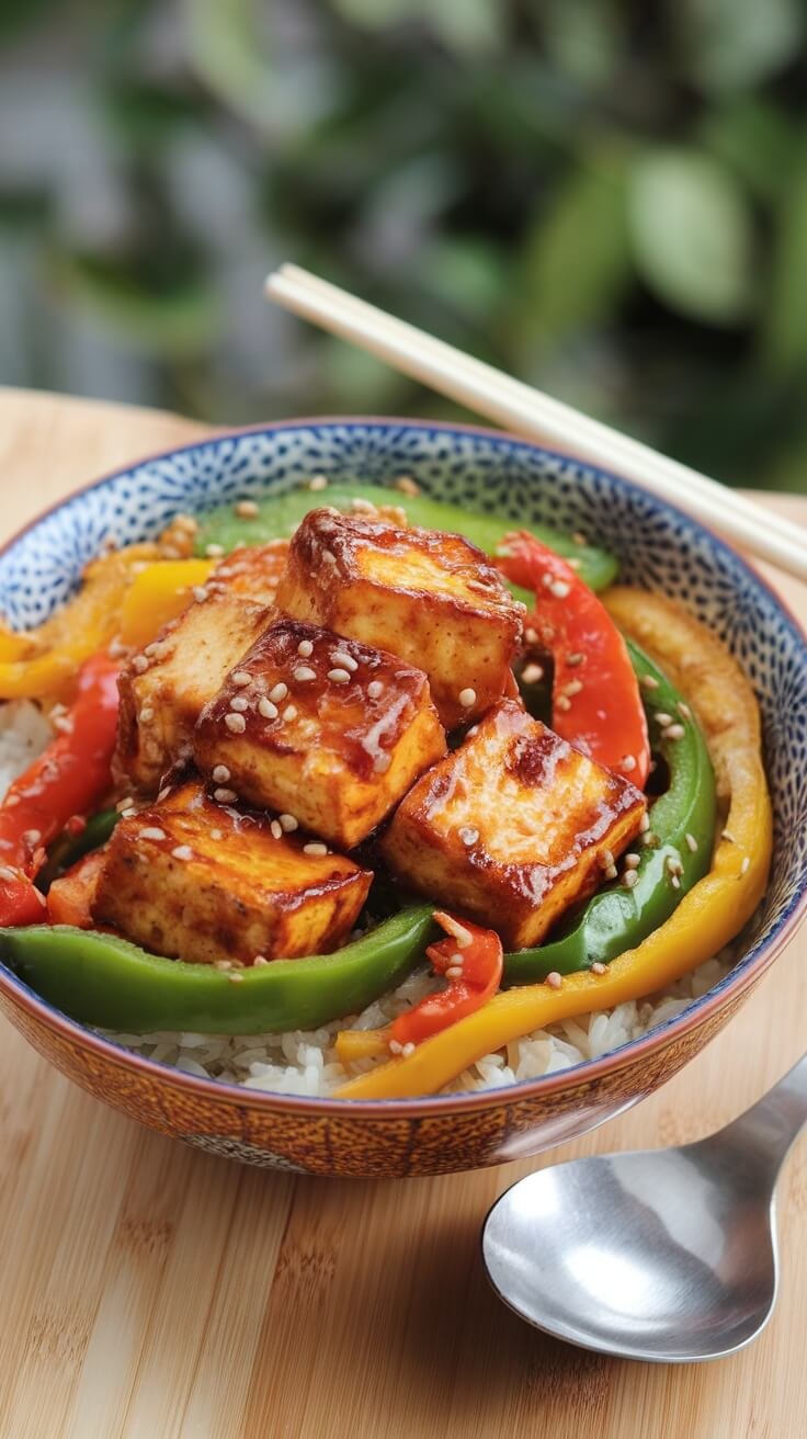 A bowl of teriyaki tofu and vegetables over rice with chopsticks.