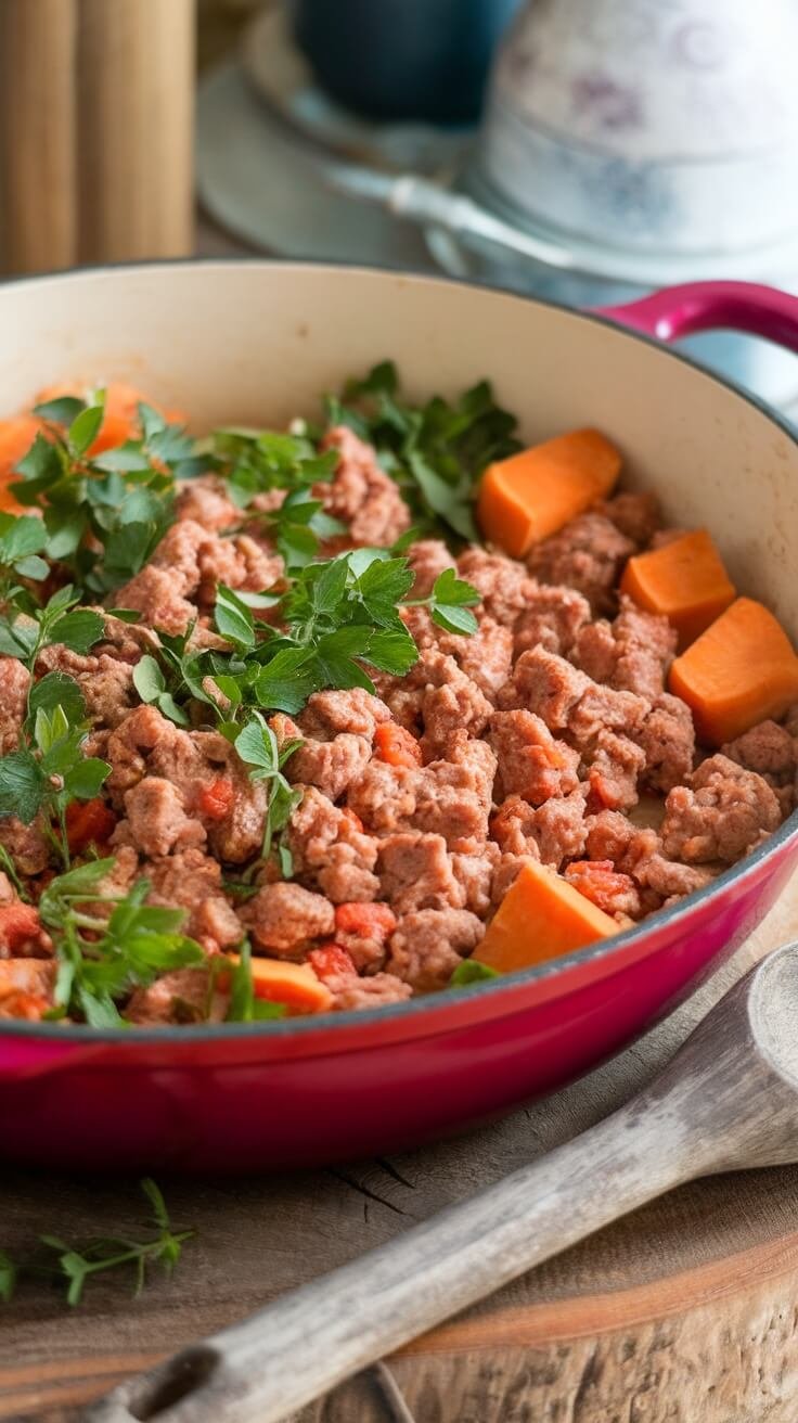 A skillet with ground turkey, sweet potatoes, and fresh herbs.