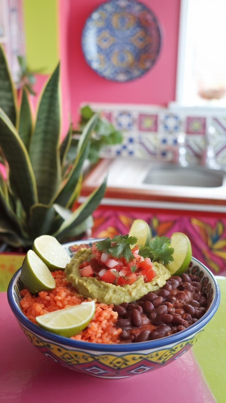 A colorful vegetarian burrito bowl with rice, beans, guacamole, and lime.