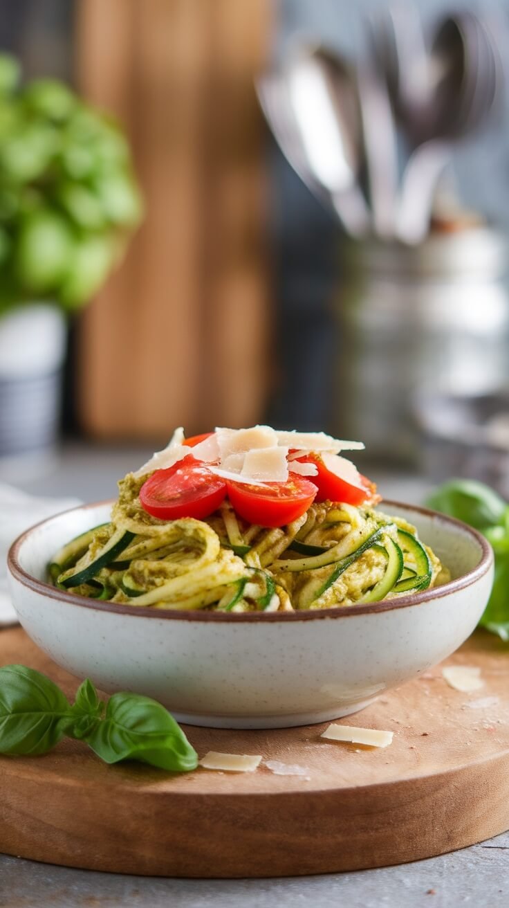 A bowl of zucchini noodles topped with pesto, cherry tomatoes, and parmesan cheese.