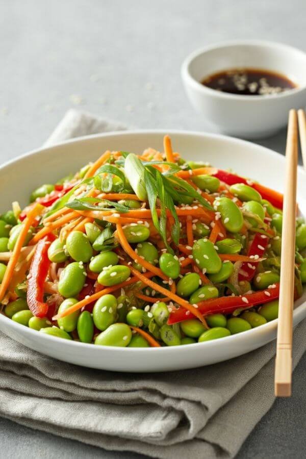 A close look of vibrant, colorful salad served in a white bowl, filled with green edamame, orange shredded carrots, red bell pepper slices, and garnished with sesame seeds and scallions. A small bowl of sesame dressing sits beside the salad, with chopsticks resting next to the dish. The setting exudes a fresh, Asian-inspired aesthetic.