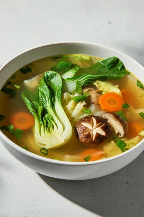 Create an image of a steaming bowl of Asian-inspired zero-point soup. The bowl is white and set on a white table. The soup is vibrant, filled with colorful vegetables like bok choy, carrots, and mushrooms. Soft, natural lighting casts gentle shadows, evoking warmth and comfort.