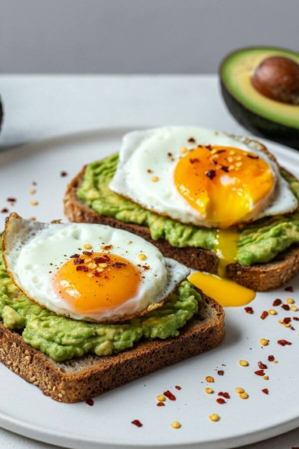 A bright, Instagram-worthy image of two sourdough toast slices topped with mashed avocado, garnished with chili flakes, and one slice featuring a sunny-side-up egg. Styled on a white dish with fresh avocado halves and chili flakes scattered around