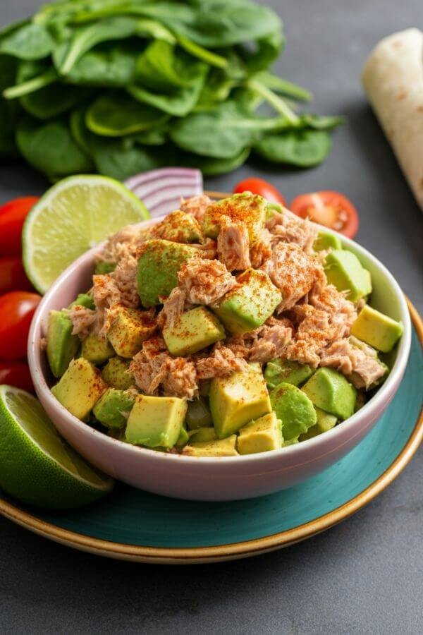 A colorful bowl filled with creamy avocado and tuna salad, garnished with a sprinkle of paprika and lime wedges on the side. The vibrant cherry tomatoes and red onions add pops of color, with mixed greens and wraps nearby ready for serving.