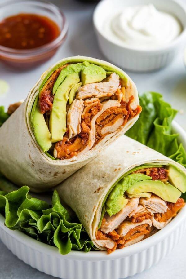 3 neatly wrapped tortilla cut in half, revealing layers of vibrant green avocado, spicy chicken filling, and crisp lettuce, placed on a white dish. Include small bowls of hot sauce, Greek yogurt, and avocado in the background for context.