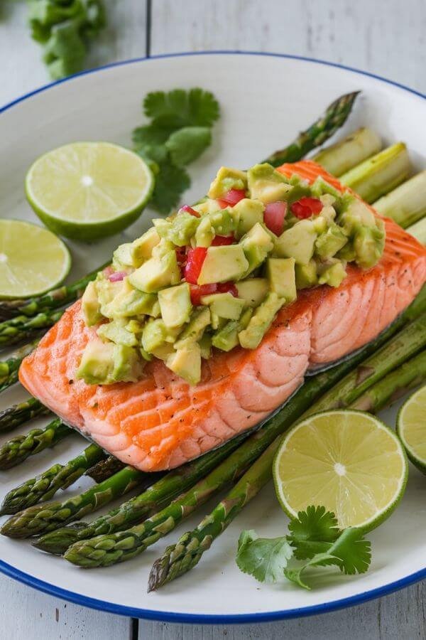 A beautifully plated dish featuring golden, flaky salmon topped with vibrant avocado salsa. Surround the salmon with roasted asparagus or a side salad, and garnish with fresh lime slices and cilantro leaves. The backdrop is a clean, rustic wooden table for a cozy, wholesome feel.
