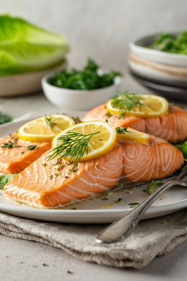 A beautifully plated dish of baked salmon fillets resting on a white plate. Each fillet is topped with vibrant lemon slices and sprigs of fresh dill or thyme, glistening slightly to showcase its rich, buttery texture. Surround the salmon with a garnish of leafy greens or steamed vegetables for a pop of color. The background is light, warm and inviting, with subtle kitchen elements like a linen napkin, a small bowl of herbs, and a lemon wedge for a fresh, wholesome feel. The focus should be on the simplicity and elegance of the dish.