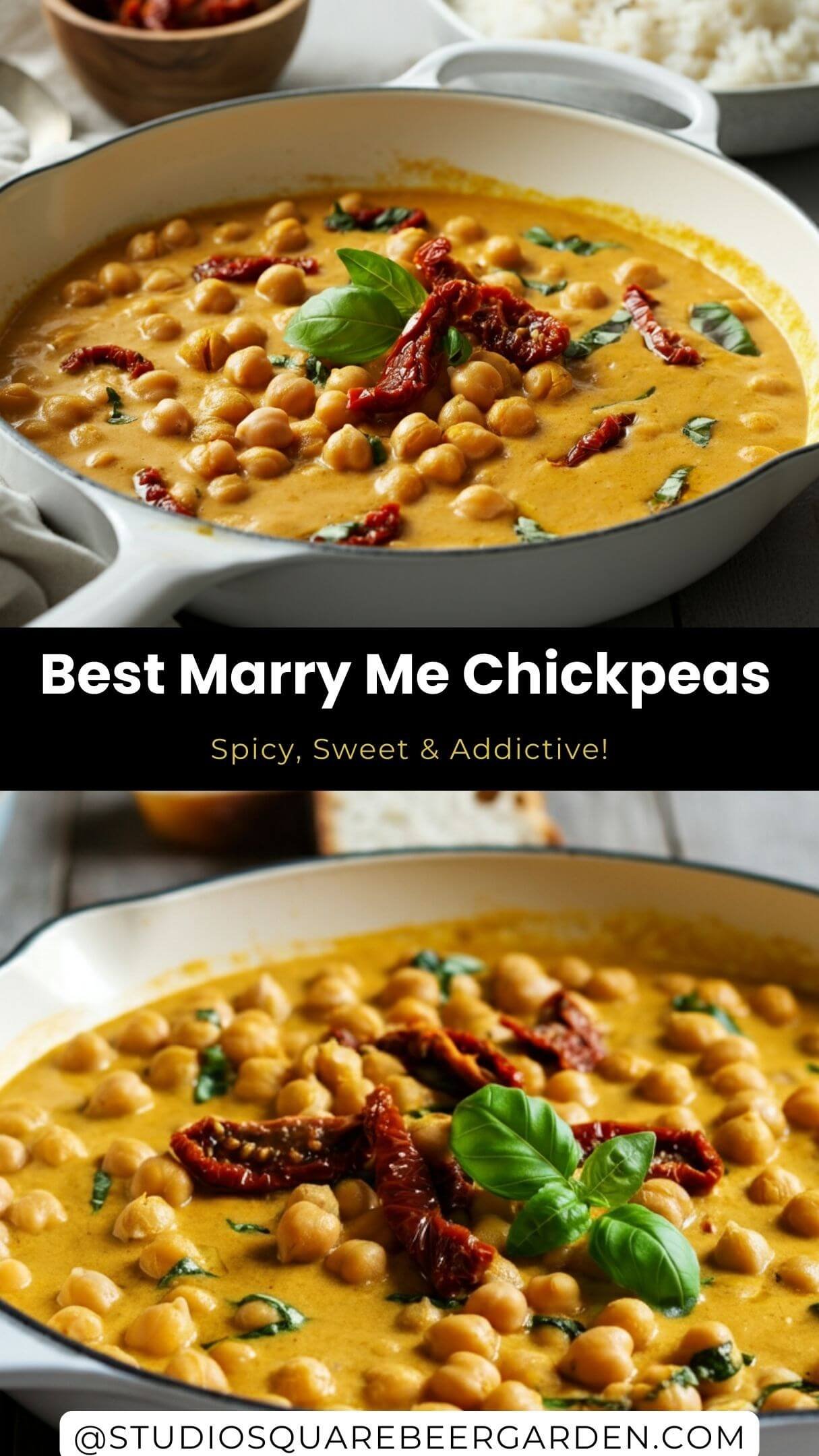 This Marry Me Chickpeas vegan recipe is creamy, rich, and packed with flavor! A perfect one-pan vegan dinner, this dish combines chickpeas, sun-dried tomatoes, and a luscious sauce for a comforting, protein-packed meal. Perfect for meal prep or a cozy weeknight dinner!