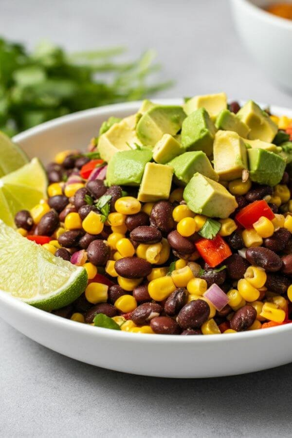 A colorful summer salad in a white bowl, featuring black beans, corn, red bell peppers, and red onions. Garnished with fresh cilantro and lime wedges on the side, with a drizzle of dressing and a diced avocado on top. Natural light with a fresh, airy kitchen setting in the background.