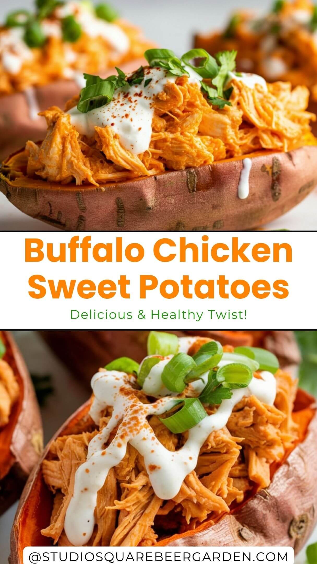 These Buffalo Chicken Stuffed Sweet Potatoes are perfect for meal prep, dinner, or a quick lunch! Made with shredded buffalo chicken, roasted sweet potatoes, and your favorite toppings, this easy dish is gluten-free and paleo-friendly!